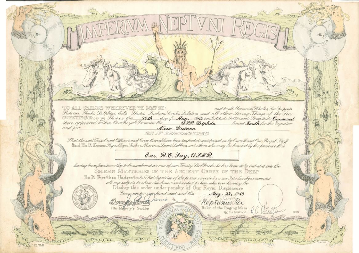 Shellback certificate for crossing the equator, 1945
